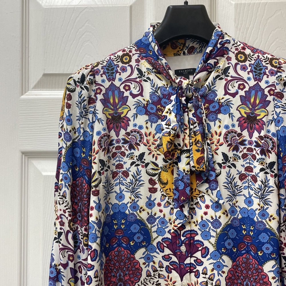 Talbots Women's Petite Colorful Boho Floral Puff Smocked Sleeve Tie Lined Retro